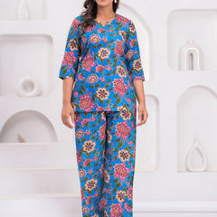 Blue Floral Printed Cotton Co-ord Set for Women
