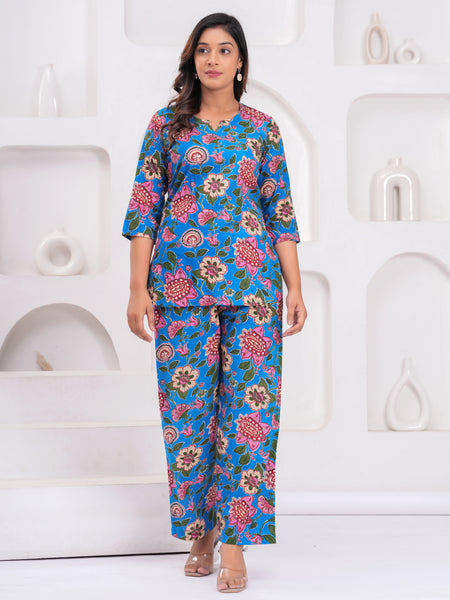 Blue Floral Printed Cotton Co-ord Set for Women