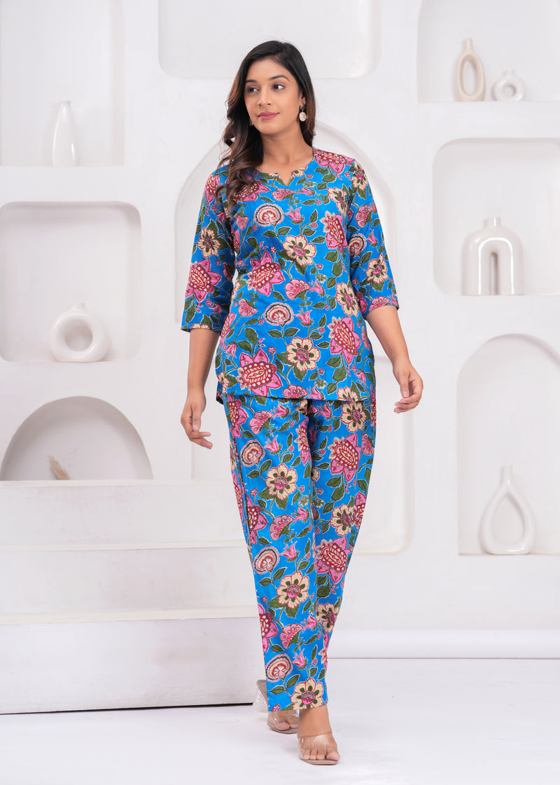 Blue Floral Printed Cotton Co-ord Set for Women