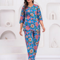 Blue Floral Printed Cotton Co-ord Set for Women