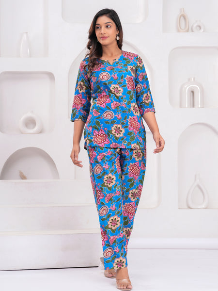 Blue Floral Printed Cotton Co-ord Set for Women