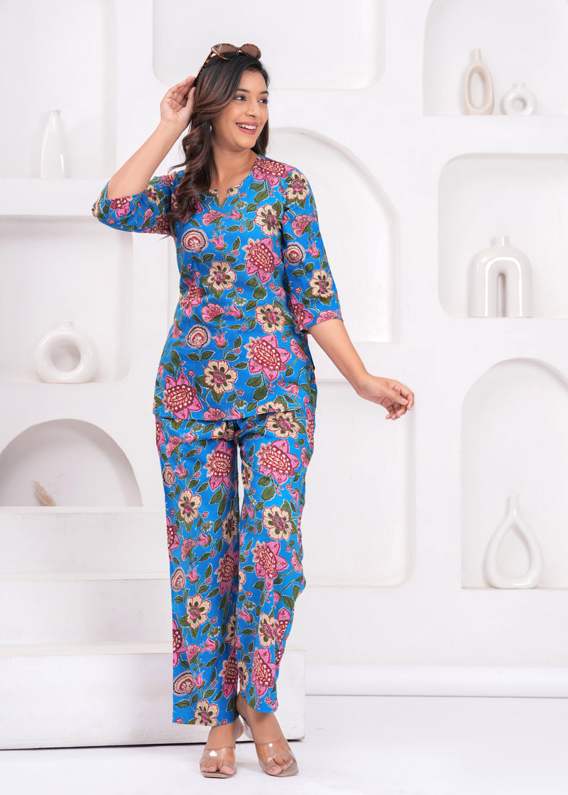Blue Floral Printed Cotton Co-ord Set for Women