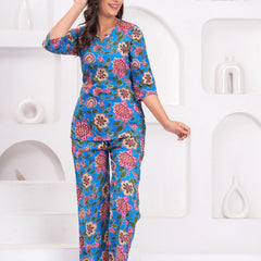 Blue Floral Printed Cotton Co-ord Set for Women