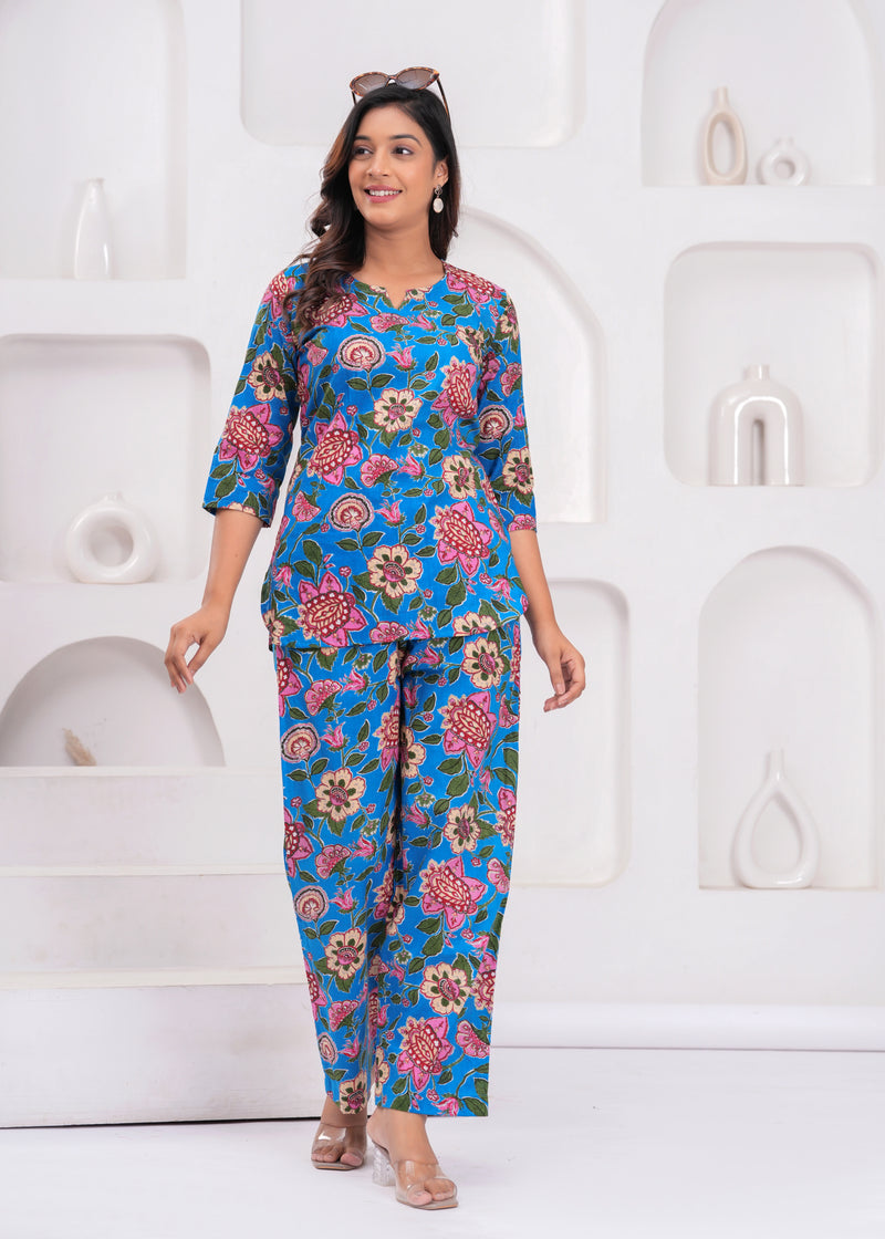 Blue Floral Printed Cotton Co-ord Set for Women
