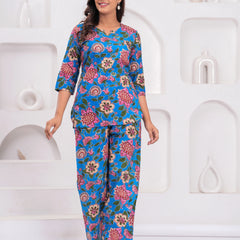 Blue Floral Printed Cotton Co-ord Set for Women