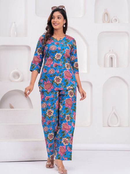 Blue Floral Printed Cotton Co-ord Set for Women