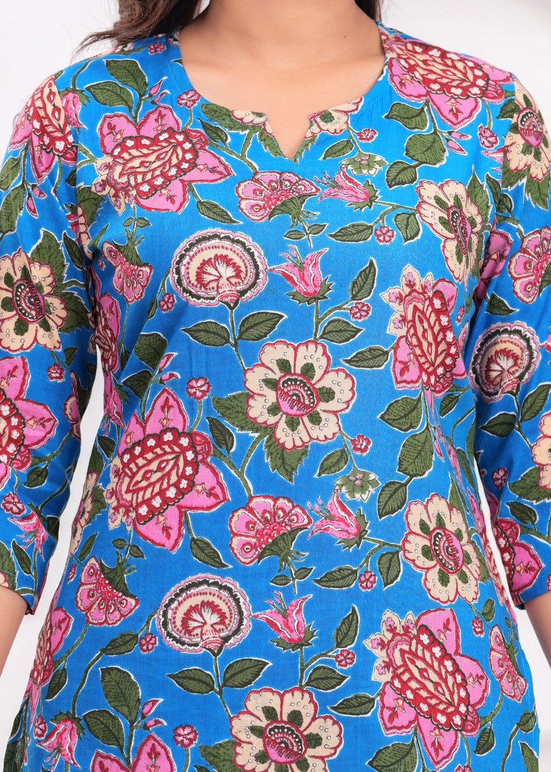 Blue Floral Printed Cotton Co-ord Set for Women