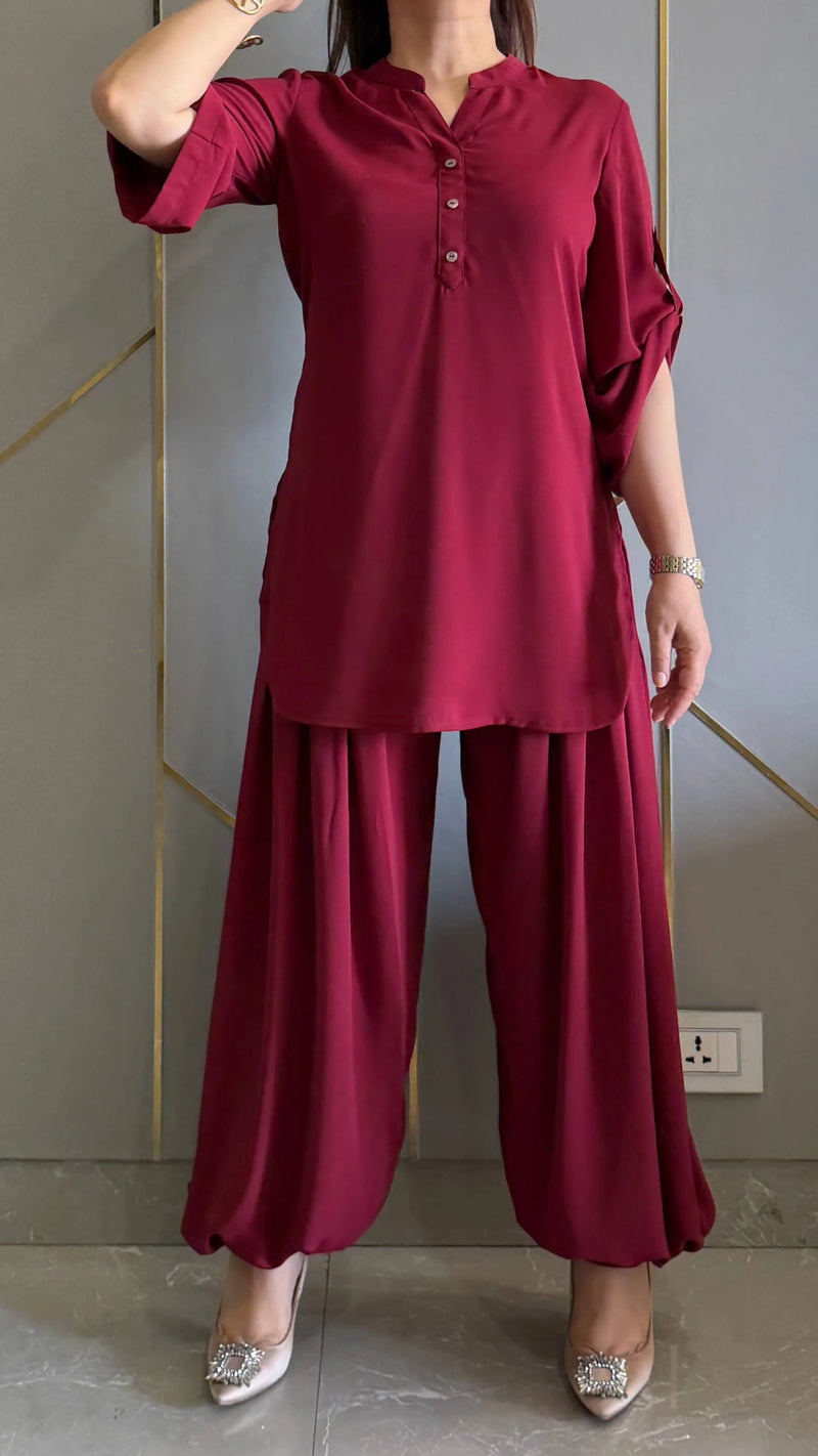 Maroon Royal Ivy Balloon Sleeve Co-ord Set