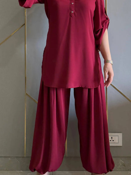 Maroon Royal Ivy Balloon Sleeve Co-ord Set