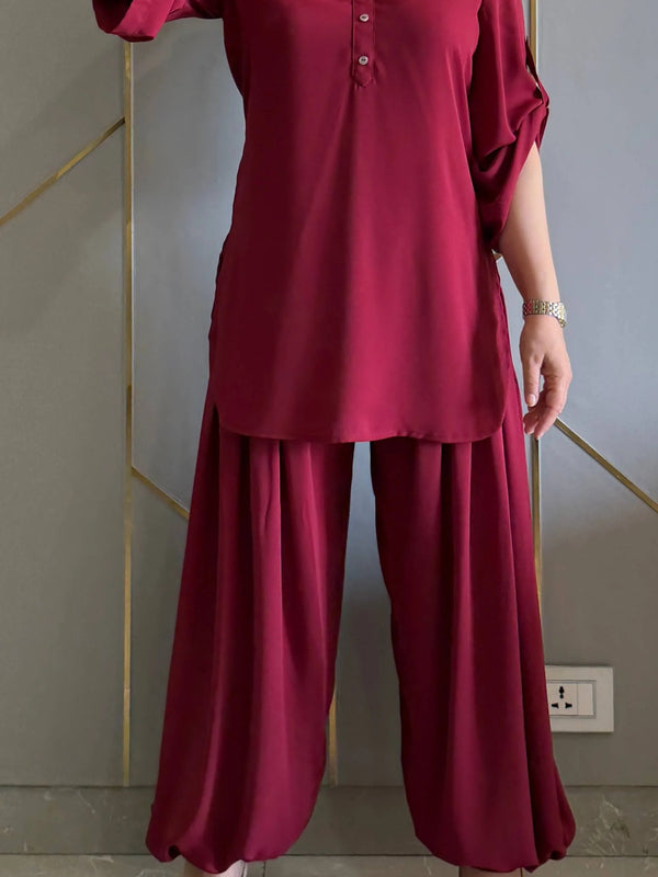 Maroon Royal Ivy Balloon Sleeve Co-ord Set
