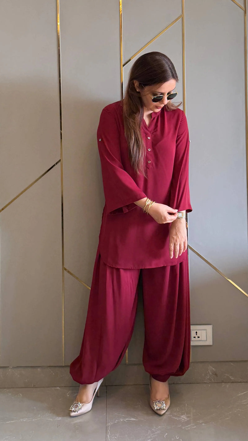 Maroon Royal Ivy Balloon Sleeve Co-ord Set