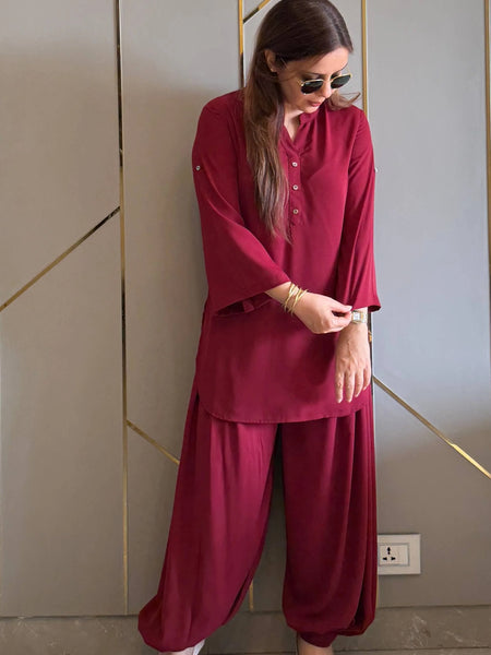 Maroon Royal Ivy Balloon Sleeve Co-ord Set