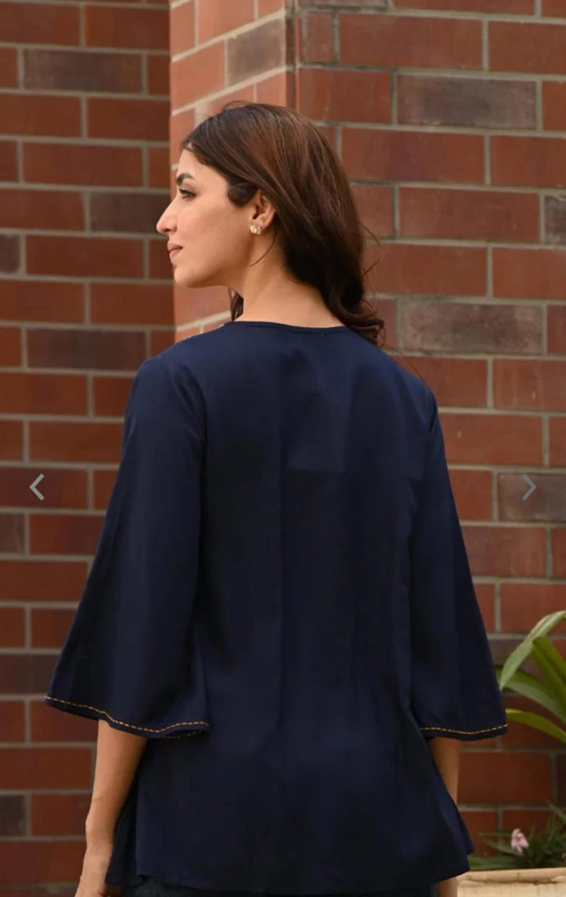Refined Blue Rayon Embroidered Top Back
