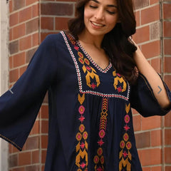 Refined Blue Rayon Embroidered Top Front