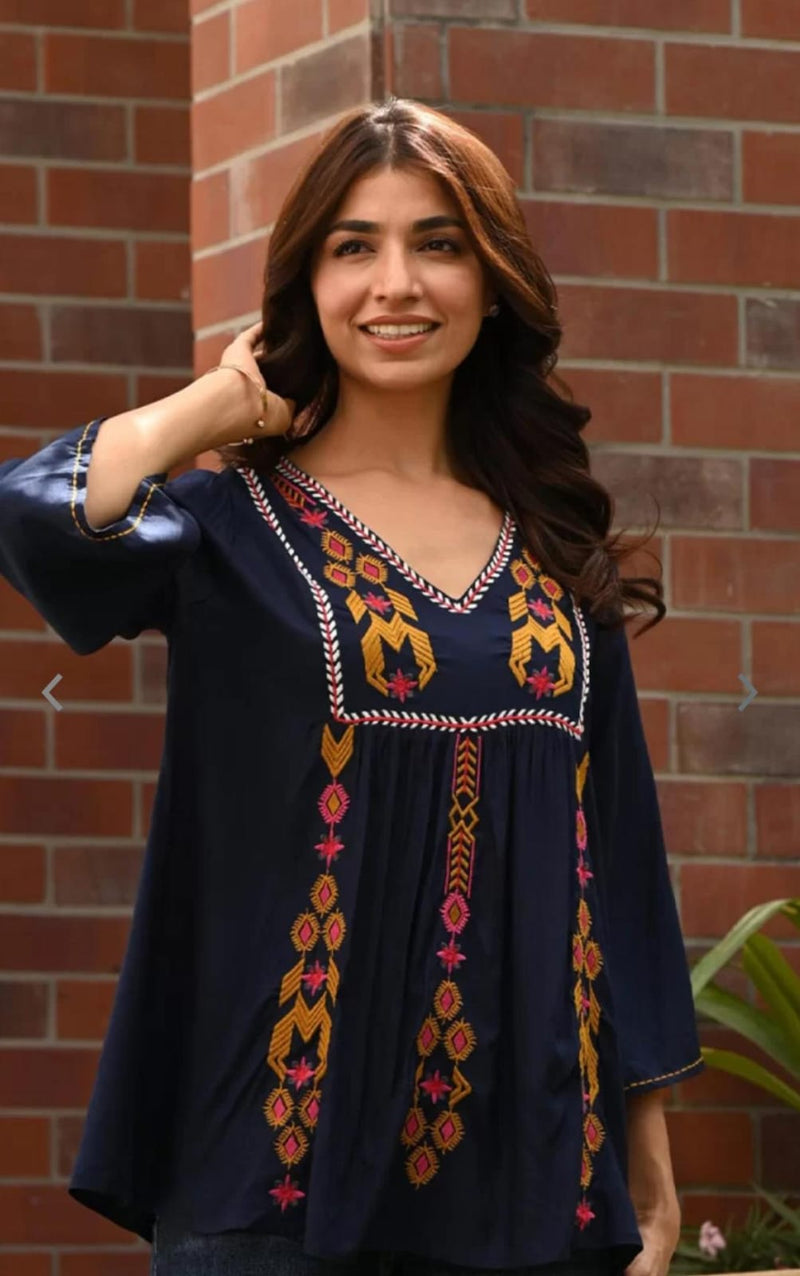 Refined Blue Rayon Embroidered Top Image