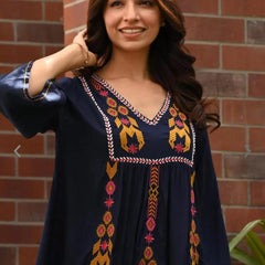 Refined Blue Rayon Embroidered Top Image