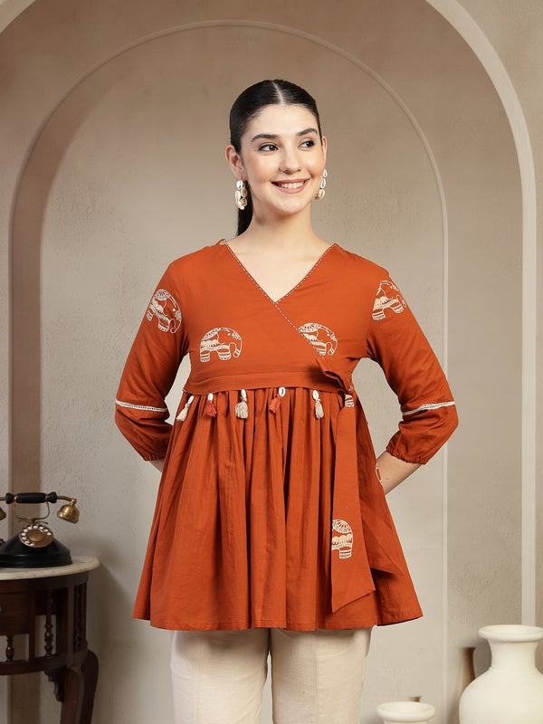Charming Reddish Rayon Top with V-Neck Front