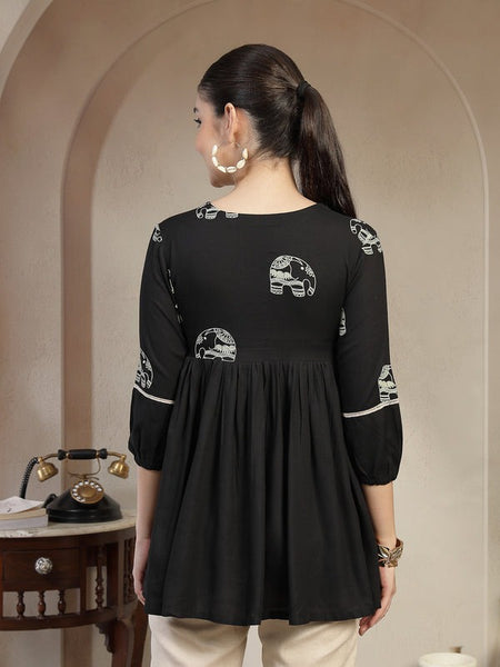 Elegant Black Rayon Top with V-Neck Back