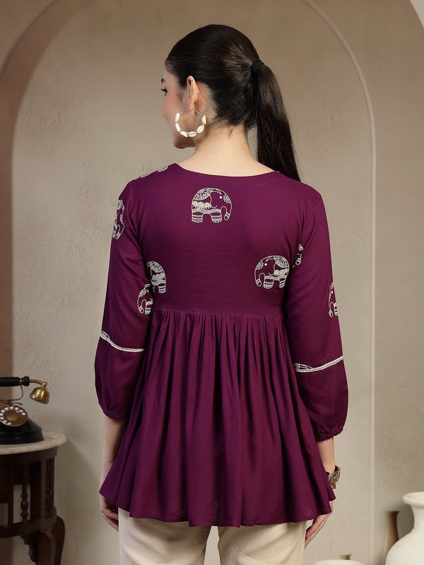 Graceful Purple Rayon Top with V-Neck Back
