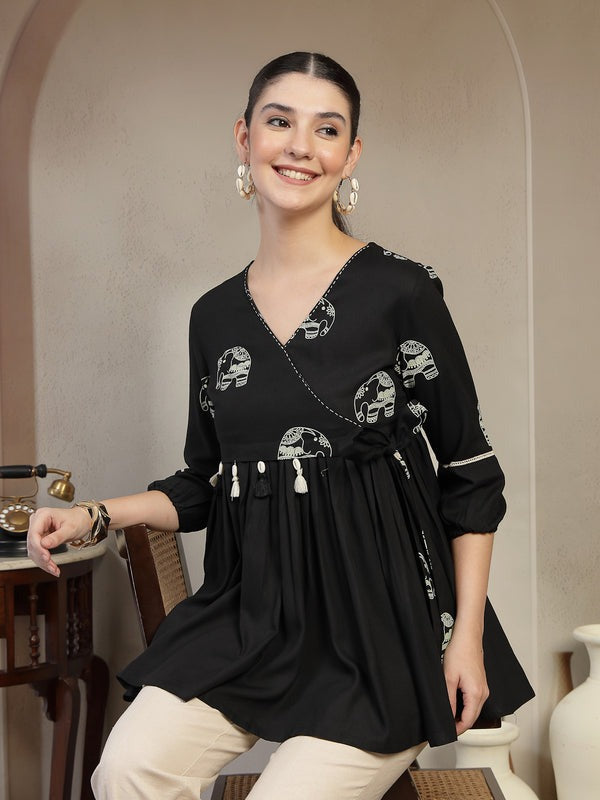 Elegant Black Rayon Top with V-Neck
