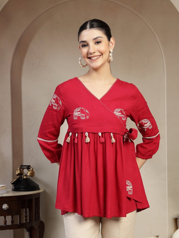 Classic Red Rayon Top with V-Neck Front