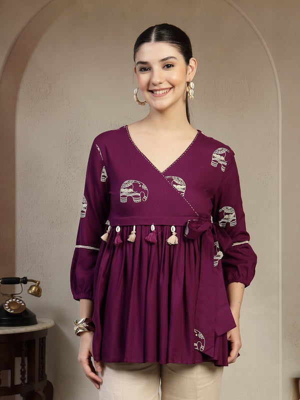 Graceful Purple Rayon Top with V-Neck Front