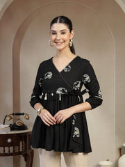 Elegant Black Rayon Top with V-Neck Front