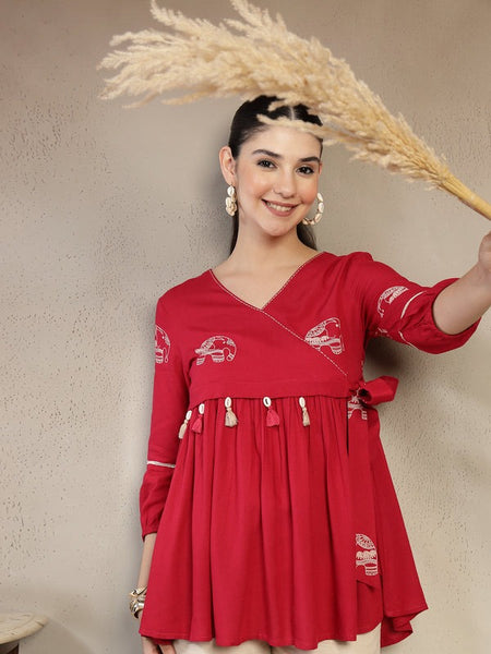 Classic Red Rayon Top with V-Neck