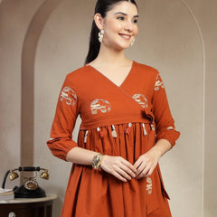 Charming Reddish Rayon Top with V-Neck