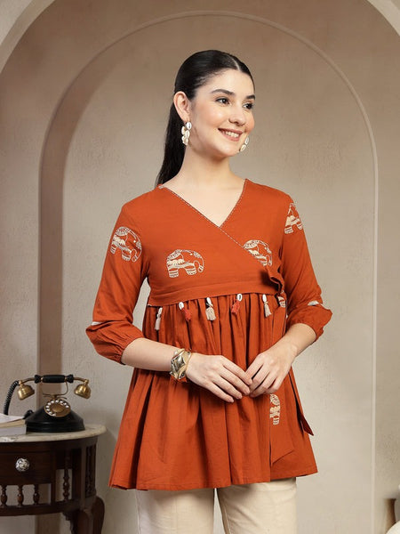 Charming Reddish Rayon Top with V-Neck