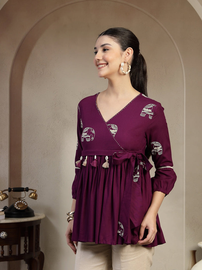 Graceful Purple Rayon Top with V-Neck Side