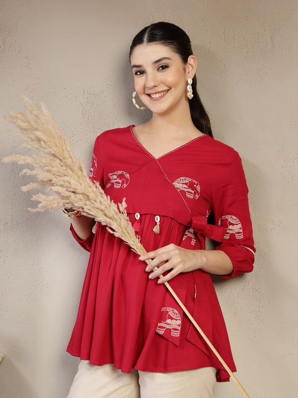 Classic Red Rayon Top with V-Neck Image