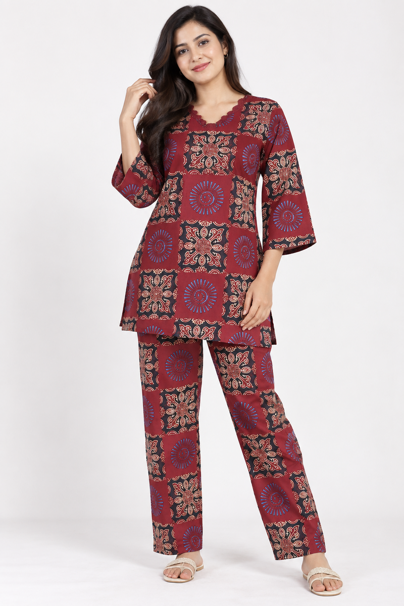 Maroon Ajrakh Print Patchwork Co-ord Set
