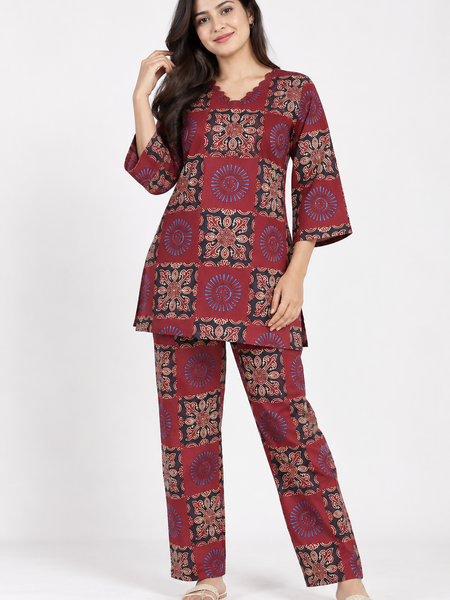 Maroon Ajrakh Print Patchwork Co-ord Set