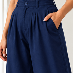 Women’s  Navy Blue Wide Leg Linen Pants with Pockets