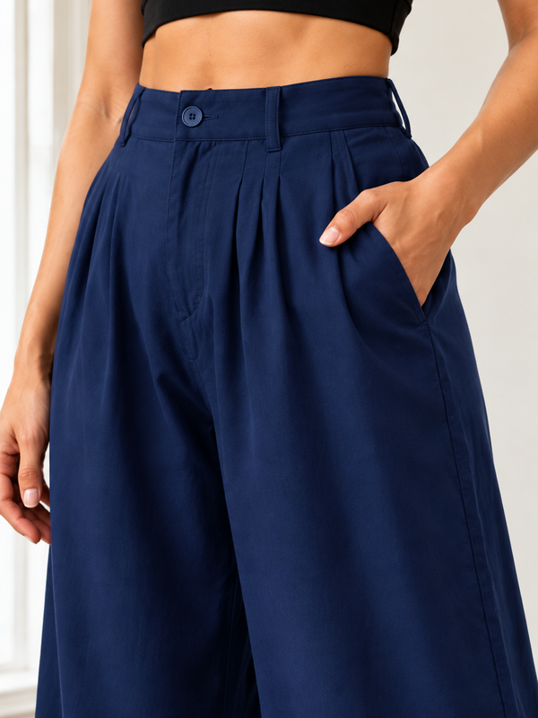 Women’s  Navy Blue Wide Leg Linen Pants with Pockets