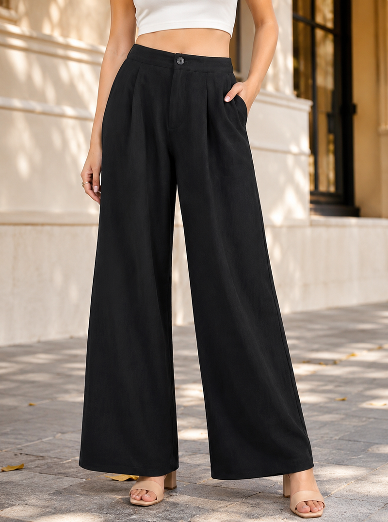 Women’s Black High-Waisted Wide Leg Linen Pants with Pockets