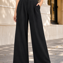 Women’s Black High-Waisted Wide Leg Linen Pants with Pockets