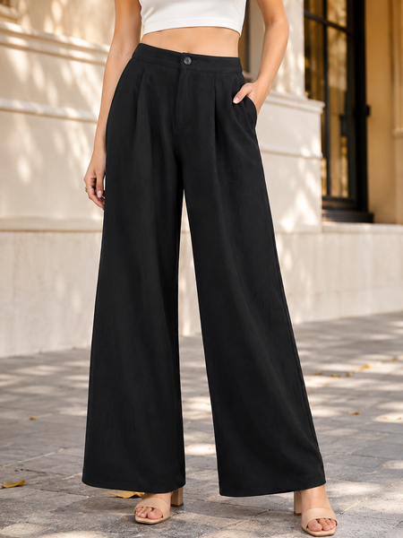 Women’s Black High-Waisted Wide Leg Linen Pants with Pockets