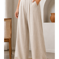 Women’s Beige High-Waisted Wide Leg Linen Pants with Pockets