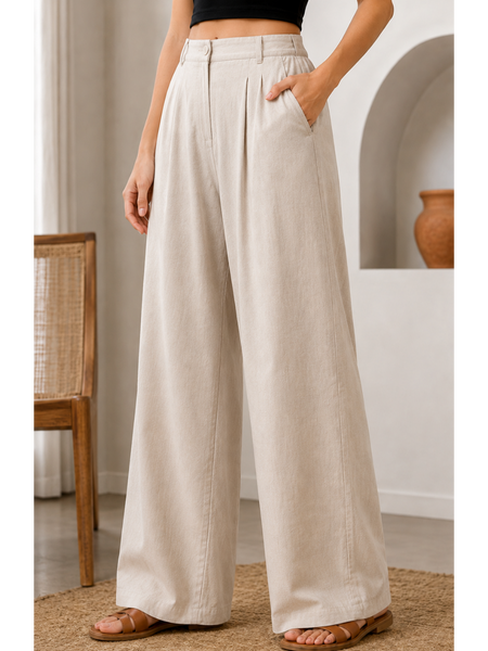 Women’s Beige High-Waisted Wide Leg Linen Pants with Pockets