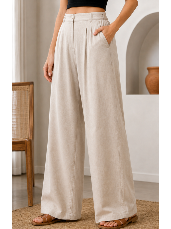 Women’s Beige High-Waisted Wide Leg Linen Pants with Pockets