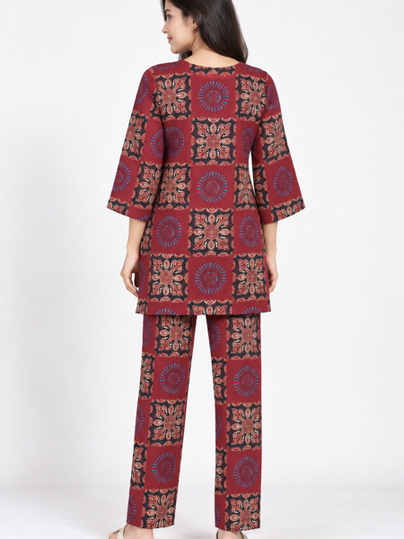 Maroon Ajrakh Print Patchwork Co-ord Set
