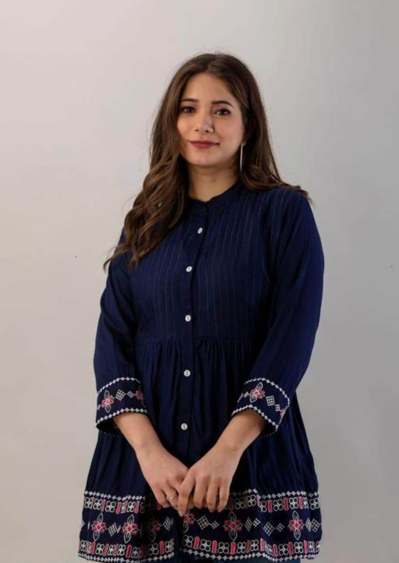 Elegant Blue Rayon Embroidered Top Closs view