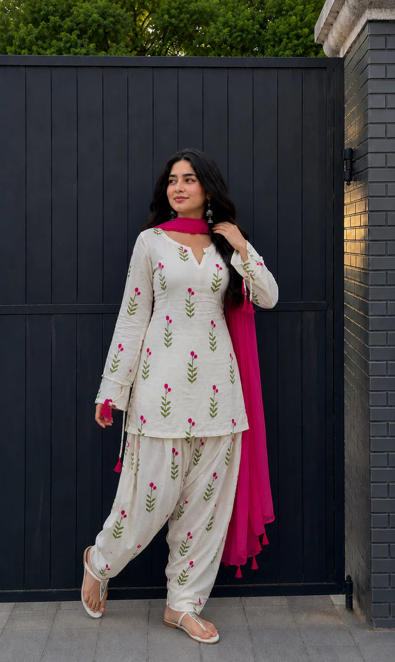 White Floral Printed Cotton Patiala Suit Set