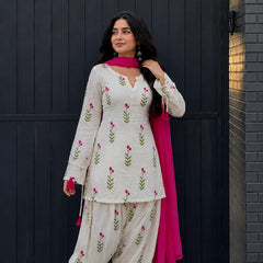 White Floral Printed Cotton Patiala Suit Set