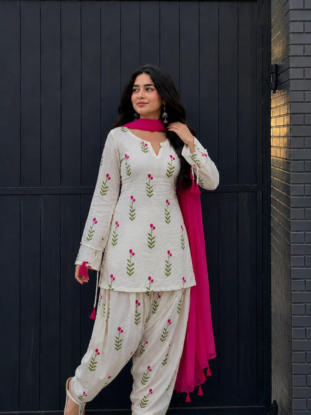 White Floral Printed Cotton Patiala Suit Set