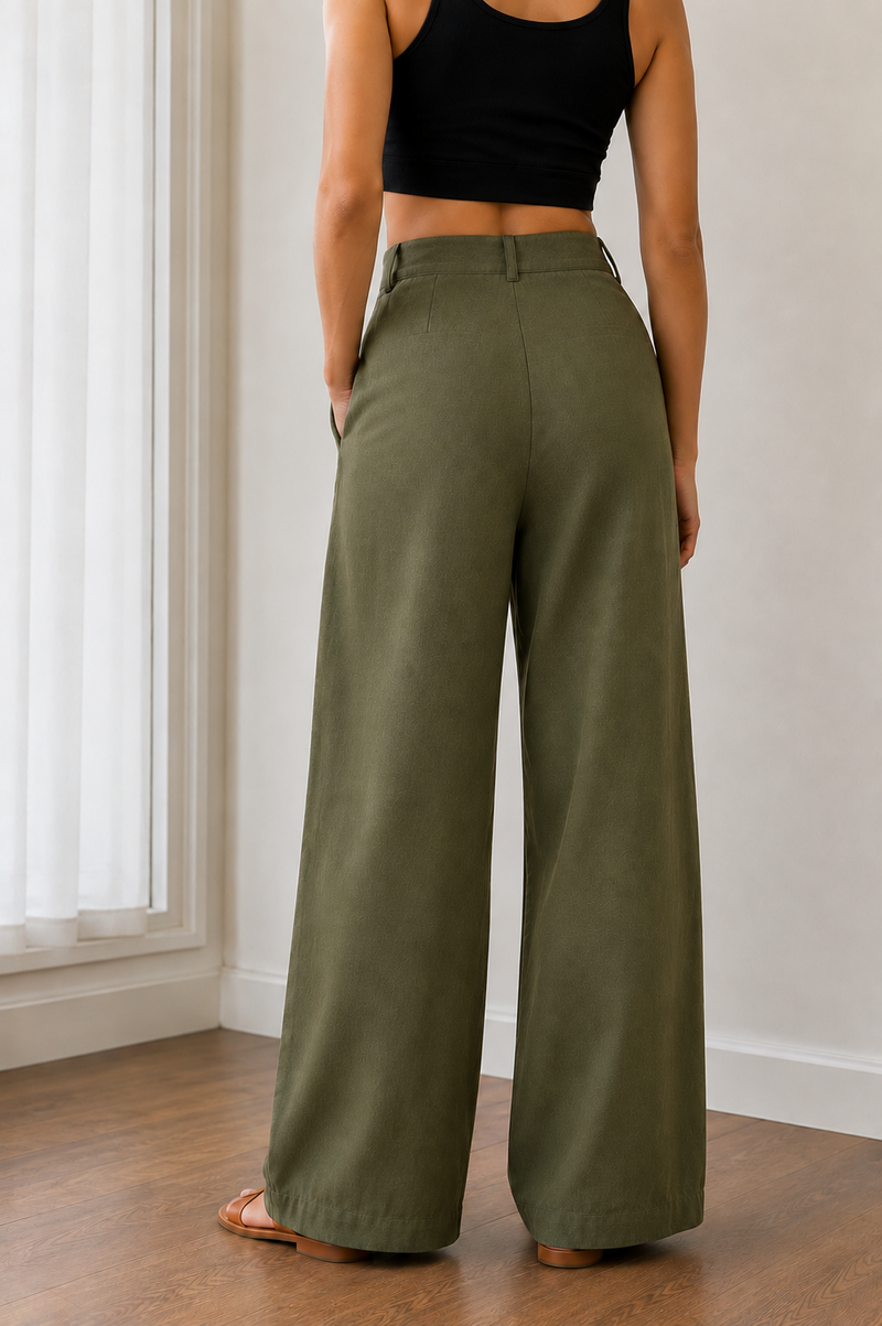 Women’s Olive Green Linen Wide Leg Palazzo Pants with Pockets
