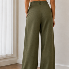 Women’s Olive Green Linen Wide Leg Palazzo Pants with Pockets
