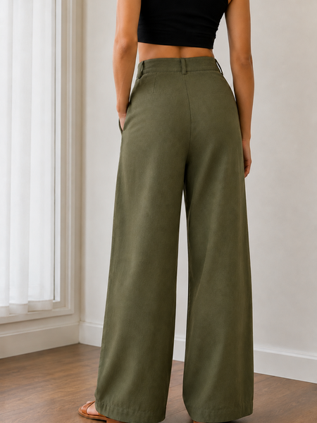 Women’s Olive Green Linen Wide Leg Palazzo Pants with Pockets